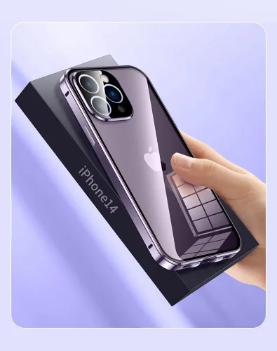 Vista 6 de Funda magnética transparente para iPhone 14 de vidrio con protector de lente de cámara, protector de pantalla integrado sensible al tacto Negro