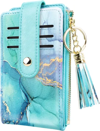 Vista 2 de Cartera delgada para mujer, con bloqueo RFID, de cuero, con múltiples tarjetas, con borla, bolsillo para monedas, Verde (Green Marble)