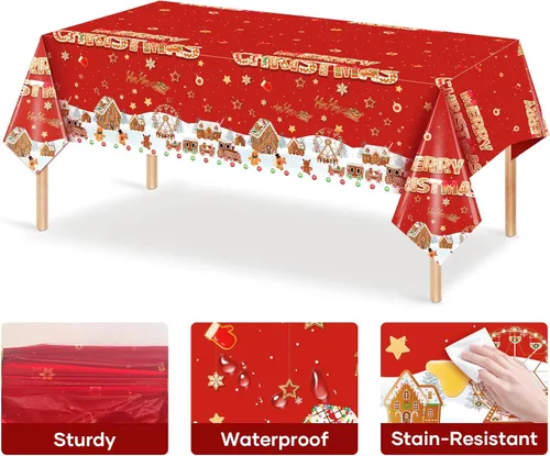 Vista 4 de 3 piezas de mantel de Navidad de 54x108 pulgadas con diseño de hombre de jengibre y casa, mantel rectangular desechable de plástico para Navidad