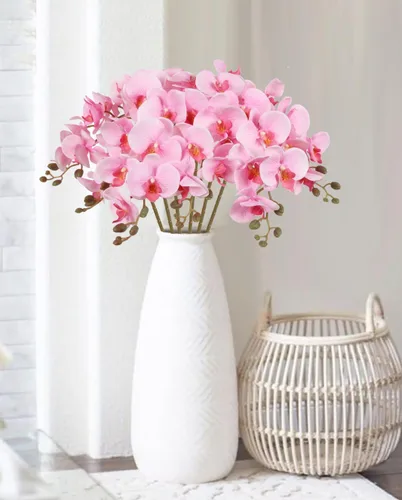 Vista 3 de Orquídeas artificiales de 38 pulgadas, 6 unidades, orquídeas falsas rosas, orquídeas de seda de terciopelo, flores artificiales de tallo largo