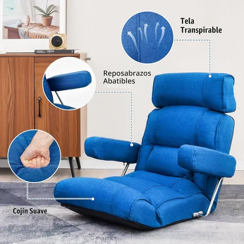 Vista 7 de GIANTEX - Silla plegable ajustable – Silla de suelo perezosa con respaldo infinitamente ajustable, reposabrazos y asiento extensibles, sofá