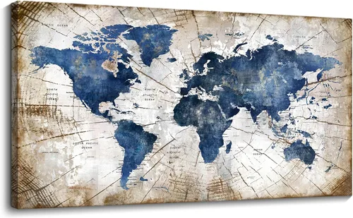 Vista 6 de Lienzo de mapa del mundo para pared, arte abstracto de mapas del mundo azul marino para pared, arte de pared moderno vintage para oficina, cuadros