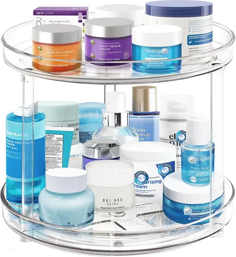 Vista 9 de Organizador Lazy Susan de 2 niveles para baño, organizador de maquillaje giratorio de 360 grados de 9.25 pulgadas transparente para tocador