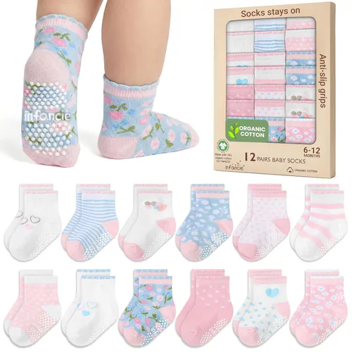 Vista 14 de GOTS Mezcla de Algodón Orgánico 12 Pares Calcetines Zapatos Bebés 0-6 M Negro