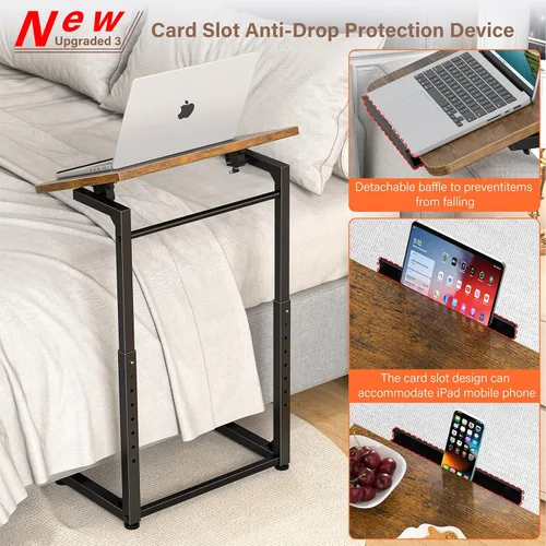 Vista 5 de Mesa para Bandeja de TV, Mesa Lateral para Sofá Ajustable en 8 Alturas, Mesa de Extremo en Forma de C con Ajuste de Ángulo de Inclinación de 90°