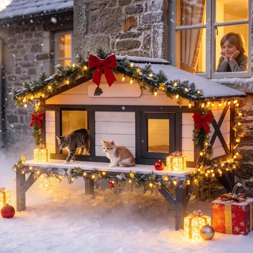 Vista 8 de Aivituvin Casa climatizada para gatos con forro aislado completo, refugio para gatos con puertas de escape, condominio resistente a la intemperie