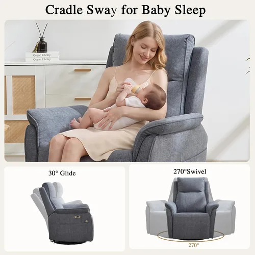 Vista 4 de Silla reclinable eléctrica con soporte para teléfono, mecedora giratoria resistente a los arañazos, mecedora mecedora mecedora para guardería, silla