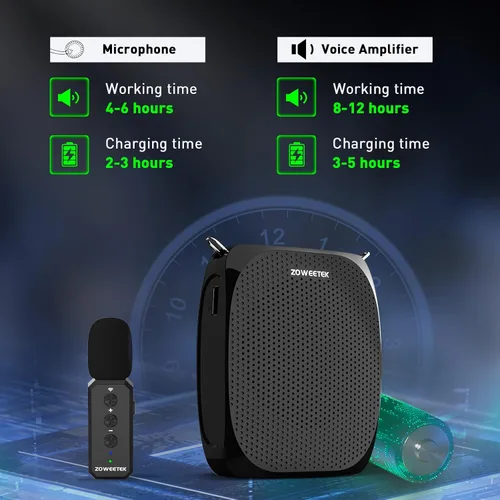 Vista 3 de ZOWEETEK Amplificador de Voz con Micrófono Inalámbrico de Solapa Lavalier para Maestros, Nuevo Sistema de Micrófono Personal 2025, Altavoz Portátil