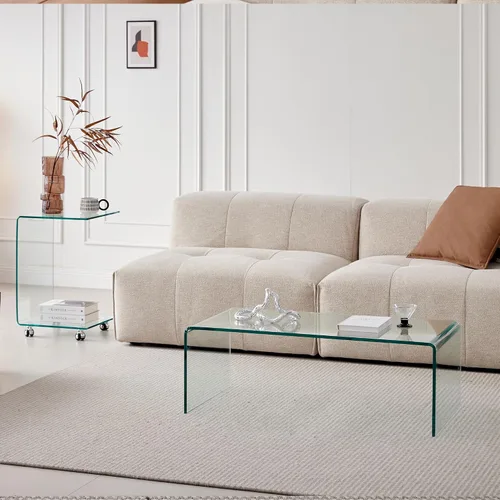 Vista 6 de Mesa de café de vidrio SMARTIK, mesas de café modernas transparentes para sala de estar, pequeña mesa rectangular de vidrio templado en cascada