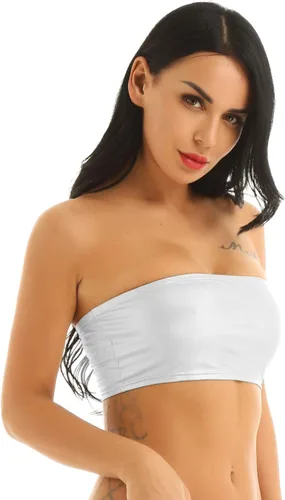 Vista 4 de TiaoBug Sujetador de mujer brillante metálico sexy sin tirantes con parte superior de tubo corto Rave Bandeau