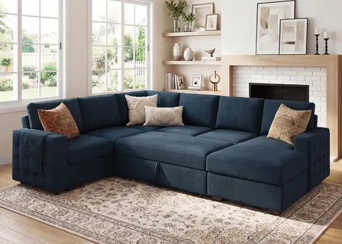 Vista 7 de HONBAY Sofá cama modular con cama extraíble, sofá seccional en forma de U, cama con diván de almacenamiento, sala de estar, sofá modular de 6 Azul