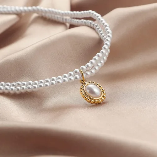 Vista 6 de Aneneiceera Gargantilla de perlas con capas de estilo bohemio, collar de perlas de doble hebra, collar de perlas con colgante de perlas, collar