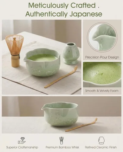 Vista 2 de Juego de batidor de matcha, kit de 4 piezas con cuenco de matcha de cerámica, batidor de bambú, soporte para batidor, scroop - Juego completo de té