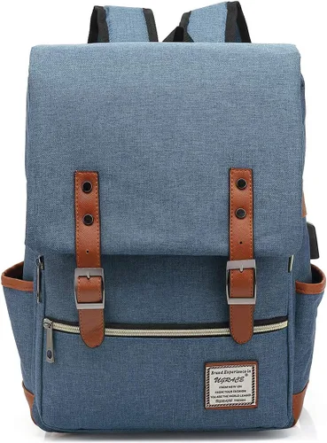 Vista 11 de UGRACE - Mochila vintage para portátil con puerto de carga USB, elegante mochila de viaje resistente al agua, mochilas casuales para hombres y Negro