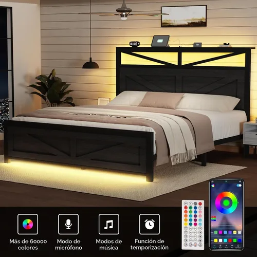 Vista 5 de Marco de cama rústico de tamaño completo con cabecera de puerta de granero y almacenamiento, marco de cama LED estilo granja de tamaño completo
