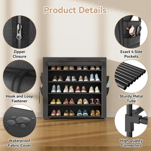 Vista 4 de LANTEFUL Zapatero con cubiertas, organizador de zapatos de 5 niveles de gran capacidad, estante para zapatos, 20-24 pares, ahorro de espacio, Negro