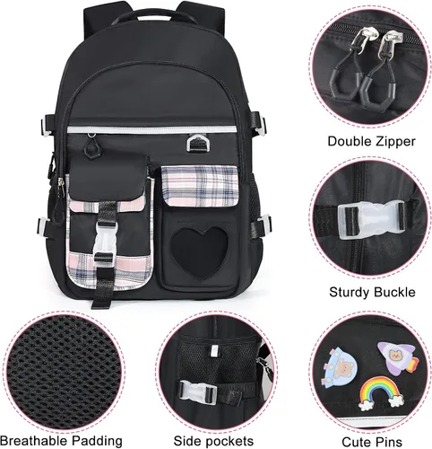 Vista 6 de Mochila para niñas - Mochila para libros, mochila escolar para niñas, niños, adolescentes, mujeres, casual, 1 unidad de color negro., Mochilas
