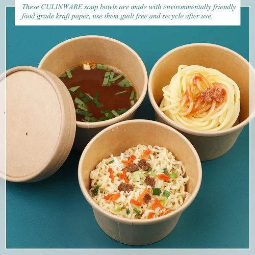 Vista 6 de Wuadua Paquete de 50 recipientes desechables de papel de 8 onzas con tapas, cuencos de sopa para llevar para fideos, ensalada, restaurante