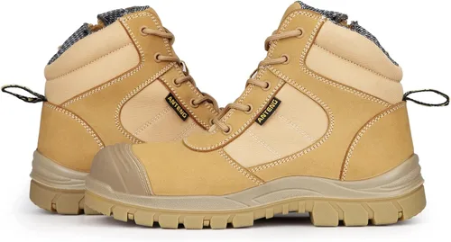 Vista 5 de Botas de trabajo para hombre, piel nobuck con puntera de acero, cremallera YKK, 6 pulgadas, SD, antipinchazos (AT501, trigo)