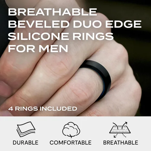 Vista 2 de ROQ - Anillo de boda y compromiso de goma de silicona para hombre, de ajuste cómodo, transpirable, borde biselado o dúo, paquete surtido, variedad