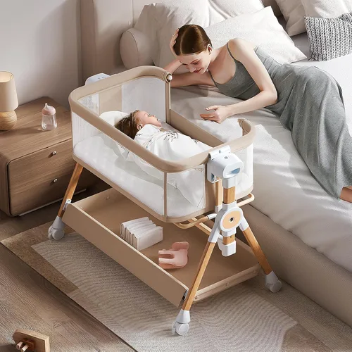 Vista 8 de Moisés de bebé 3 en 1, moisés de cabecera/mecedora para bebé, cuna de cabecera con ruedas bloqueables, colchón impermeable, 6 alturas ajustables