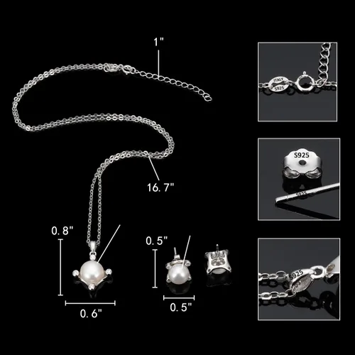 Vista 4 de EleQueen 925 Sterling Silver CZ AAA Button Cream Freshwater Cultured Pearl Bridal Pendant Necklace Earrings Jewelry Set for Women Wedding