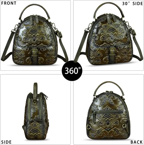 Vista 6 de Bolso bandolera de cuero genuino para mujer, bolso cruzado en relieve, bolso cruzado con asa superior, mochila convertible hecha a mano
