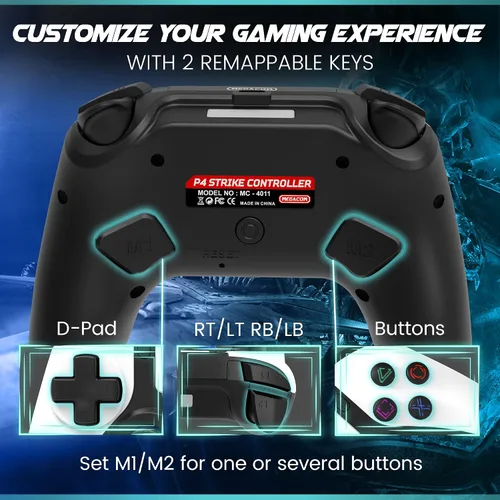 Vista 3 de megacom Wireless Bluetooth Controller for P4/PC – Gamepad with 2 Remap Keys, Dual Vibration, Rechargeable Battery, 3.5mm Audio Jack, Touchpad