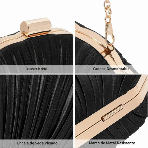 Vista 4 de RNIEGA Bolso de mano de noche plisado de satén para mujer, elegante bolso de mano con cadena para boda 1-negro