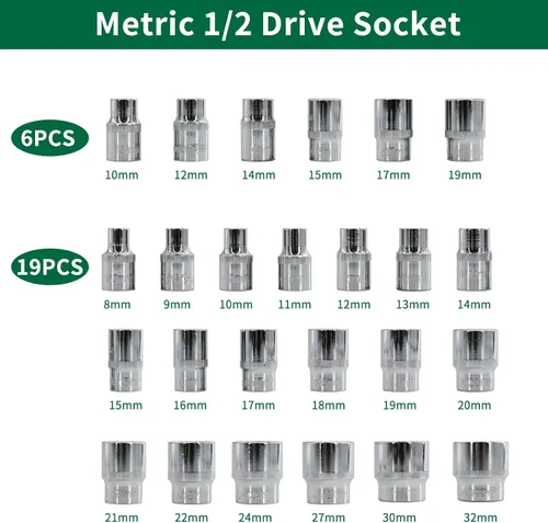 Vista 4 de Juego de llaves de vaso de 1/2", 32 piezas, incluye 25 llaves métricas (8-32 mmm), trinquete de 1/2 pulgada, barras de extensión y junta universal