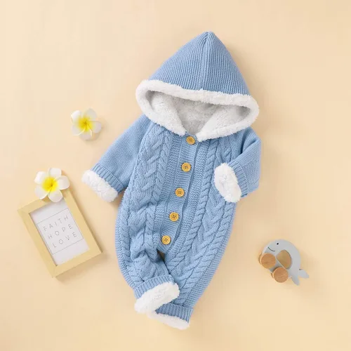 Vista 6 de puseky Mameluco de vellón de punto para bebé recién nacido, con capucha, de una pieza, para exteriores, Azul Patchwork, 0-6 meses