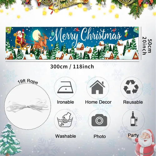 Vista 2 de Cartel de Navidad al aire libre, gran tela azul decoraciones de Feliz Navidad con Papá Noel renos regalos de fondo, cartel de Navidad para patio