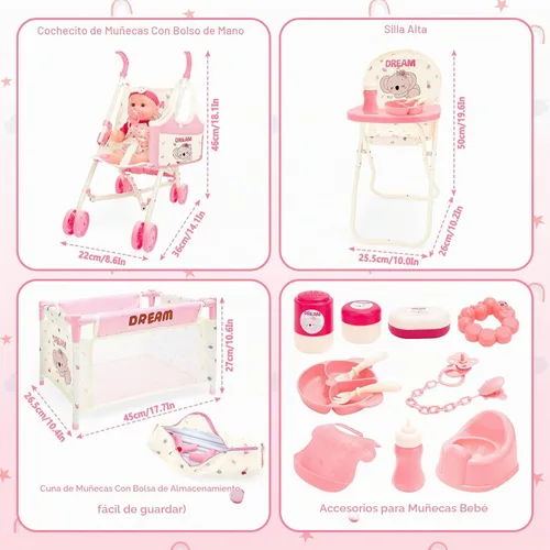 Vista 7 de deAO Juguetes de Cochecito de Muñeca Bebé con Muñeca Bebé de 12" Accesorios Cama de Cuna Silla Alta Conjunto de Juego de Roles de Guardería Tapete