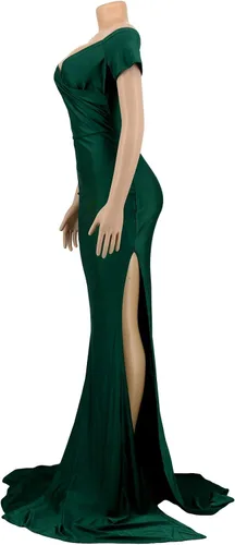 Vista 4 de Vakkest - Vestido largo de verano para mujer con hombros descubiertos sexy cuello en V manga larga vestido de cóctel sirena y boda