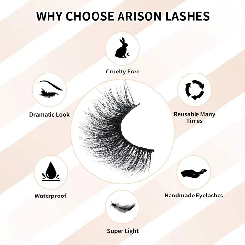 Vista 6 de Pestañas de visón Arison, pestañas de visón 3D, pestañas postizas, aspecto natural, largas y suaves y esponjosas, tiras reutilizables hechas a mano