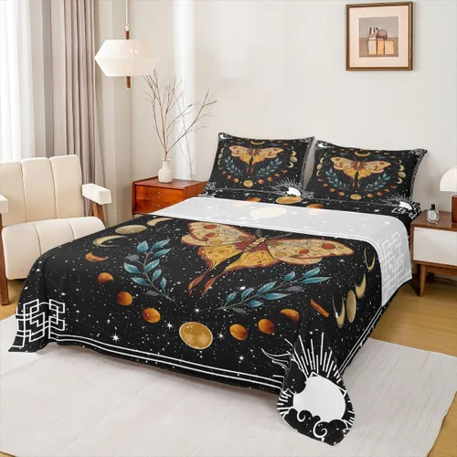 Vista 22 de Erosebridal Juego de sábanas tamaño individual con estampado de luna, diseño de flores de loto, color morado degradado, juego de sábanas orientales