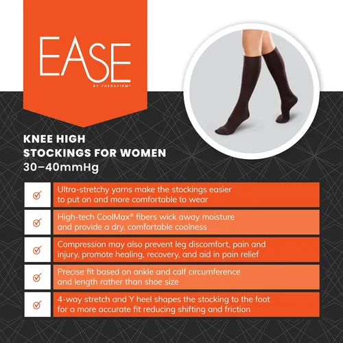 Vista 3 de Ease Opaque - Medias de apoyo alto hasta la rodilla para mujer, firmes (30-40 mmHg), medias de compresión graduadas (arena, talla L)