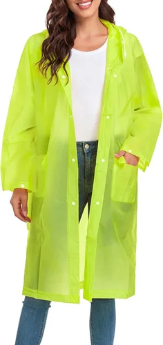 Vista 12 de Chubasqueros para mujeres y hombres, reutilizables, portátiles, impermeables, EVA, largos ponchos de lluvia con capuchas Negro