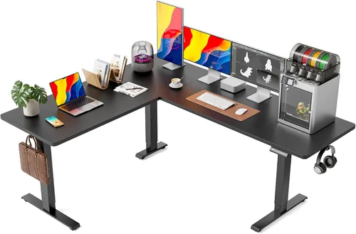 Vista 25 de FEZIBO - Escritorio de pie en forma de L de 63" x 55", altura ajustable, escritorio de computadora de esquina eléctrica de 63 pulgadas, escritorio