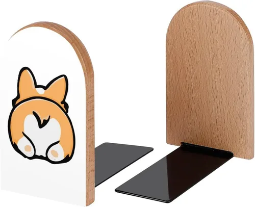 Vista 2 de Divertidos y bonitos sujetalibros decorativos de madera de Corgi naranja para estantes, habitación de los niños, escritorio, oficina en casa