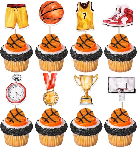 Vista 18 de Rsstarxi Paquete de 12 adornos 3D para cupcakes de baloncesto para decoración de tartas de baloncesto para temática deportiva, baby shower, fiesta