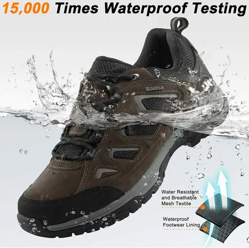 Vista 2 de wantdo Zapatos de senderismo impermeables de corte bajo para hombre, anchos, transpirables, antideslizantes, para senderismo, ciclismo de montaña