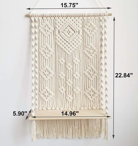 Vista 2 de Estante colgante de pared de macramé, bohemio decorativo para plantas flotantes, estante colgante de madera, colgador de almacenamiento de madera
