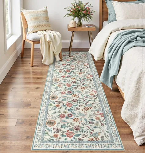 Vista 6 de Rugalia Alfombra de pasillo floral azul, alfombra lavable de 2 x 6 pies para pasillos, antideslizante, suave, de pelo bajo, con flores, pájaros, Rosa