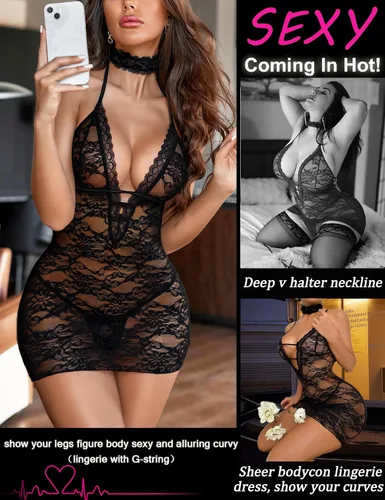 Vista 4 de Avidlove - Lencería de encaje para mujer, vestido camisón tipo babydoll con cuello halter
