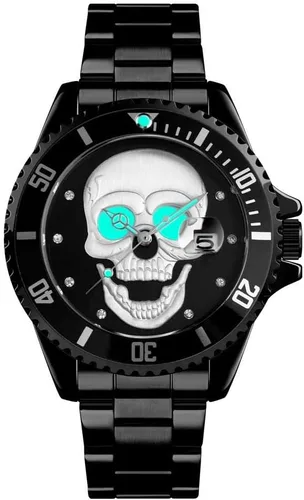 Vista 6 de Relojes de calavera para hombre, esqueleto 3D, bisel unidireccional, 30M, relojes de pulsera de cuarzo impermeables