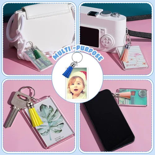Vista 6 de Henoyso Llavero rectangular de acrílico en blanco para fotos de acrílico, llavero con borlas, 2 x 3 pulgadas