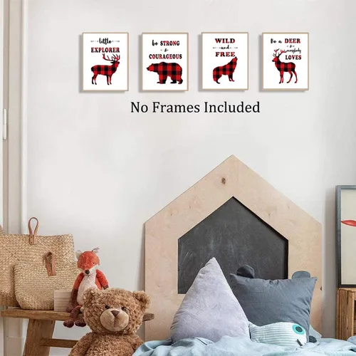 Vista 4 de TANXM 4 piezas de arte de pared de bosque a cuadros rojos y negros, impresiones de citas de aventuras salvajes con ciervo, oso lobo, decoración