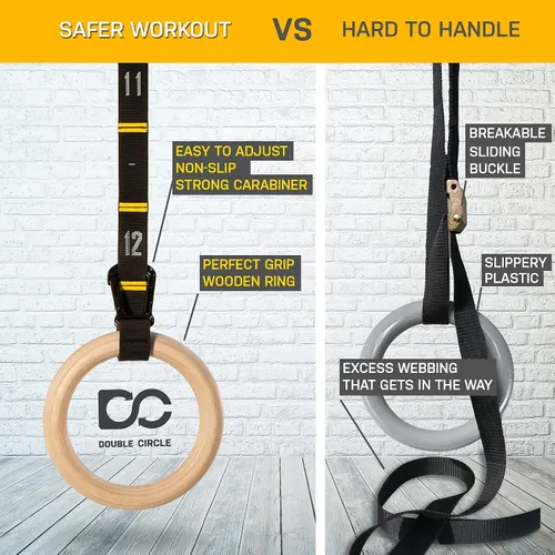 Vista 5 de Anillos de gimnasia de madera Double Circle con correas numeradas de ajuste rápido y guía de videos de ejercicios - Anillos de entrenamiento