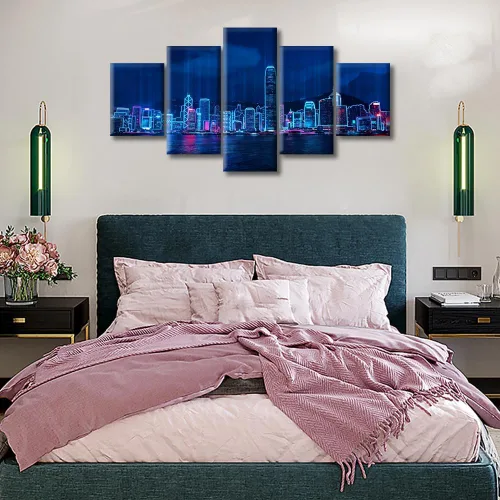 Vista 203 de Cuadros de 5 paneles de Cyberpunk City, arte de pared, representación de vallas publicitarias, edificios modernos en la capital con obras de arte
